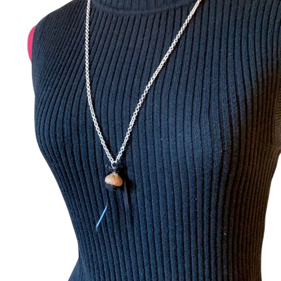 2x25$ 🐿 🍁 CREATION Long necklace - Acorn with Black pompom - silver tone chain - Picture 4 of 9